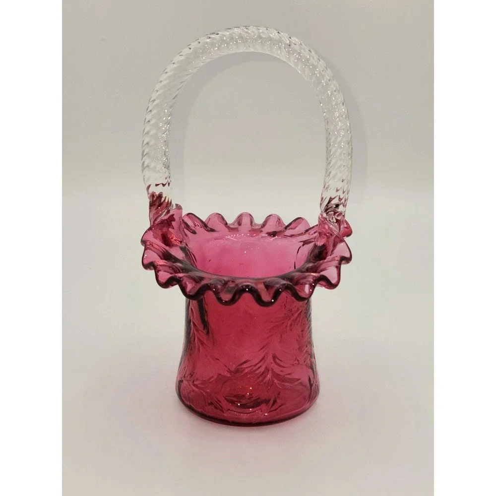 Fenton Glass‎ Vintage Cranberry Fern Ruffled Edge Hat Basket